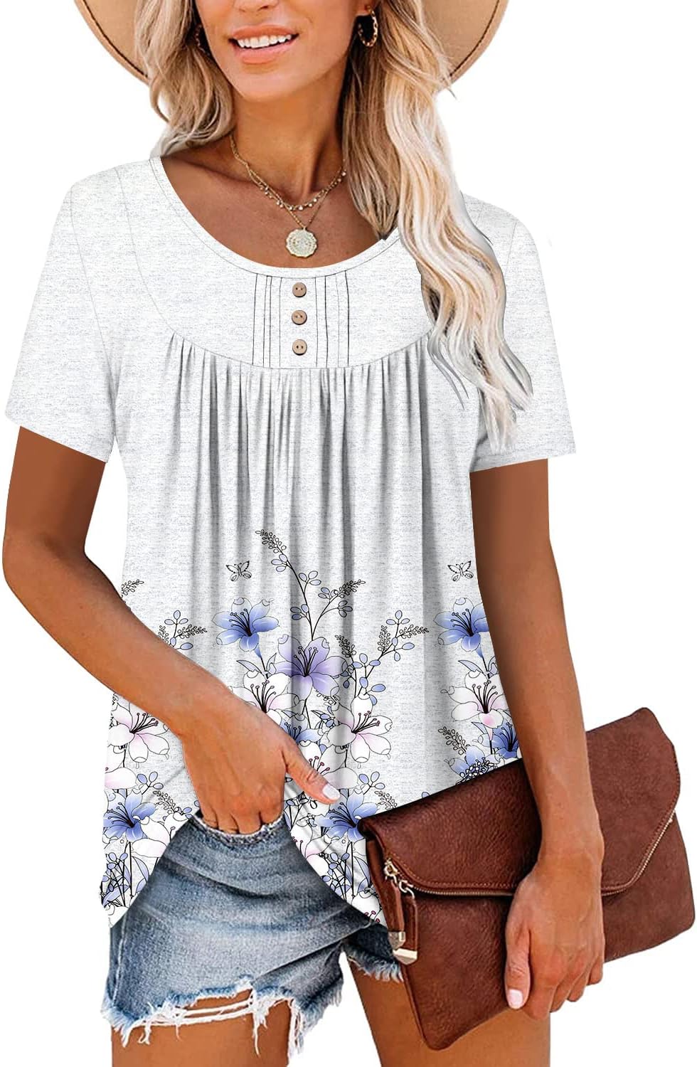 ✨Women's Summer Printed Pleated Crew Neck Tee (Buy 3 Free Shipping)
