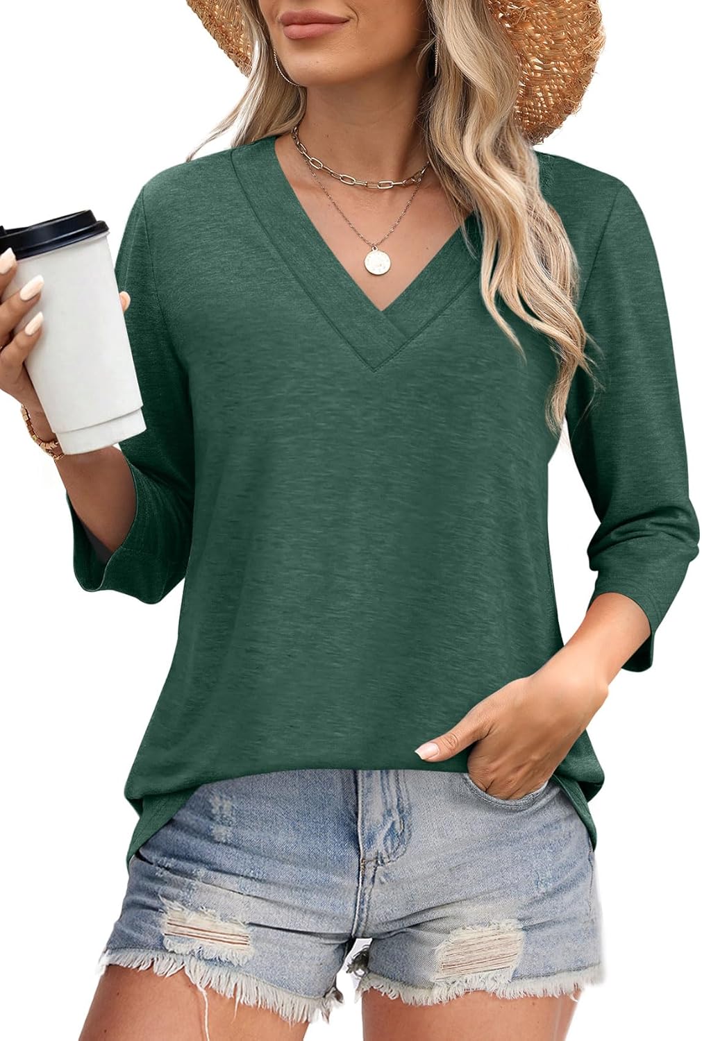 ✨Women's Trendy V Neck 3/4 Long Sleeve Tops Loose Fit Blouse (Buy 3 Free Shipping)