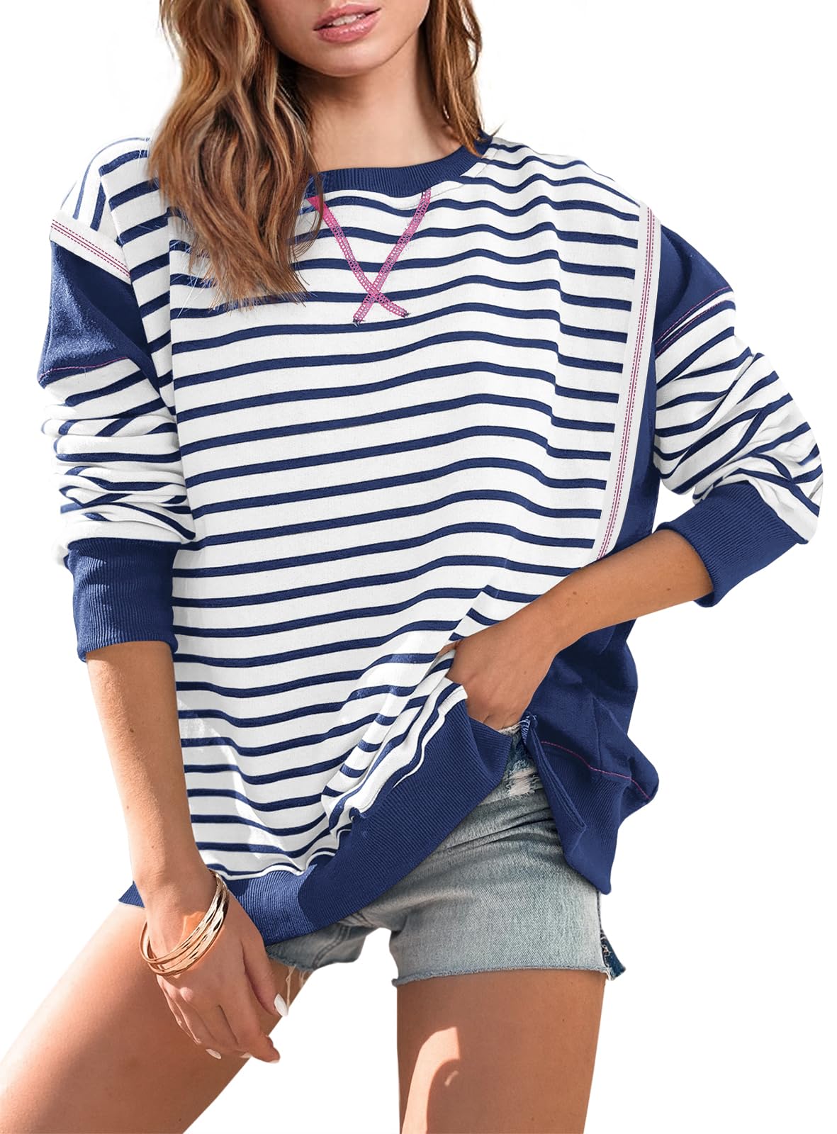 Striped Color Block Oversized Sweatshirt(Buy 2 Free Shipping)