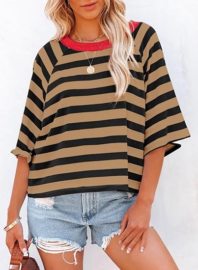 ✨Women's Cute Round Neck Striped Short Sleeve Casual Topb(BUY 3 FREE SHIPPING)