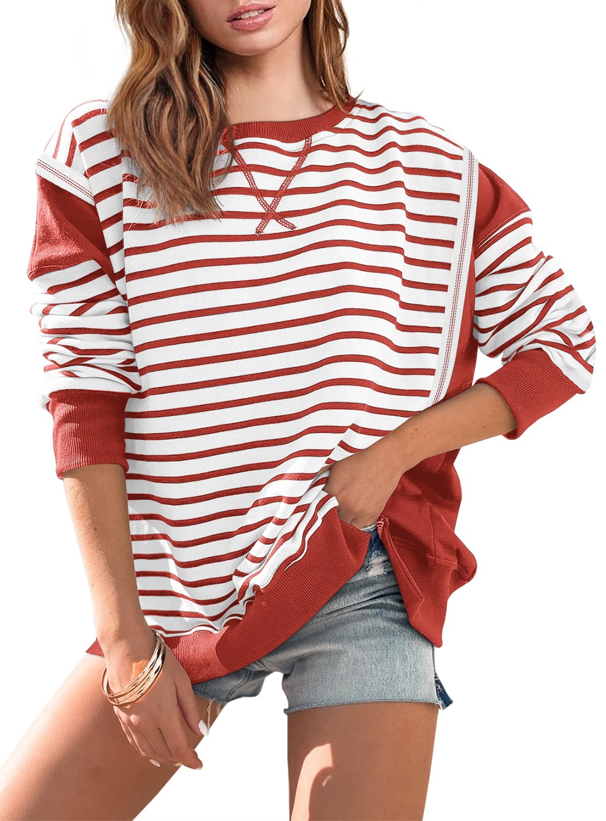 Striped Color Block Oversized Sweatshirt(Buy 2 Free Shipping)