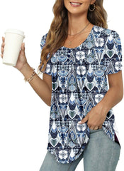 ✨Women's Summer Printed Pleated Crew Neck Tee (Buy 3 Free Shipping)