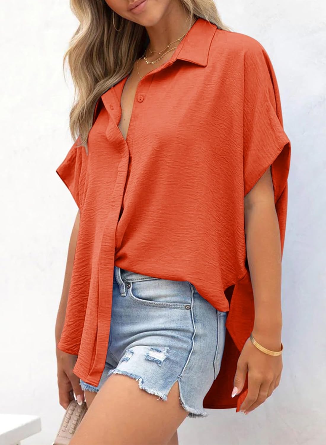 ✨Women's Casual Button Short Sleeve Slit Hem Shirt Solid Color Tops(BUY 3 FREE SHIPPING)