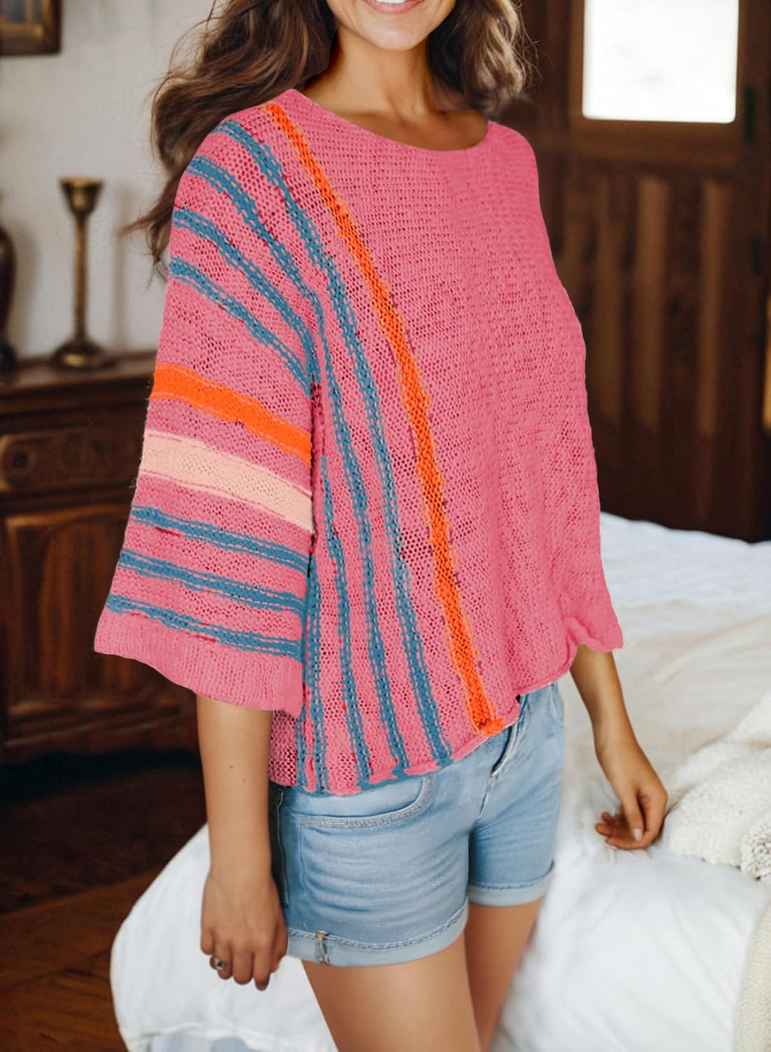✨Hot Sale-Women's Casual Color Block Striped Cable Knit Boho Sweater(Buy 2 Free Shipping)