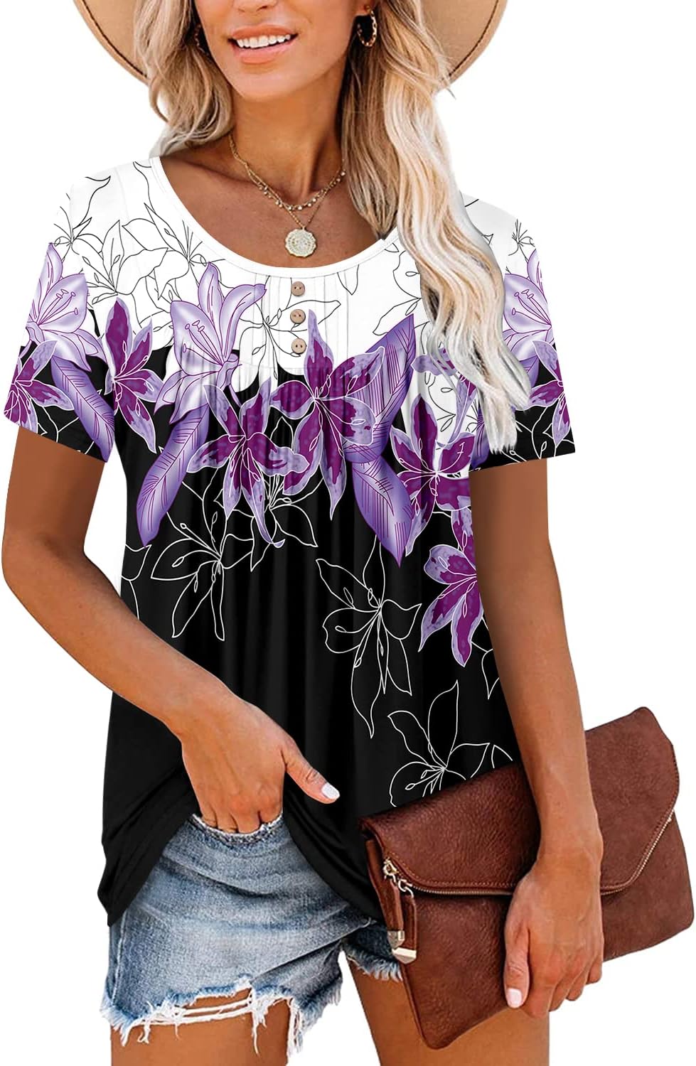 ✨Women's Summer Printed Pleated Crew Neck Tee (Buy 3 Free Shipping)