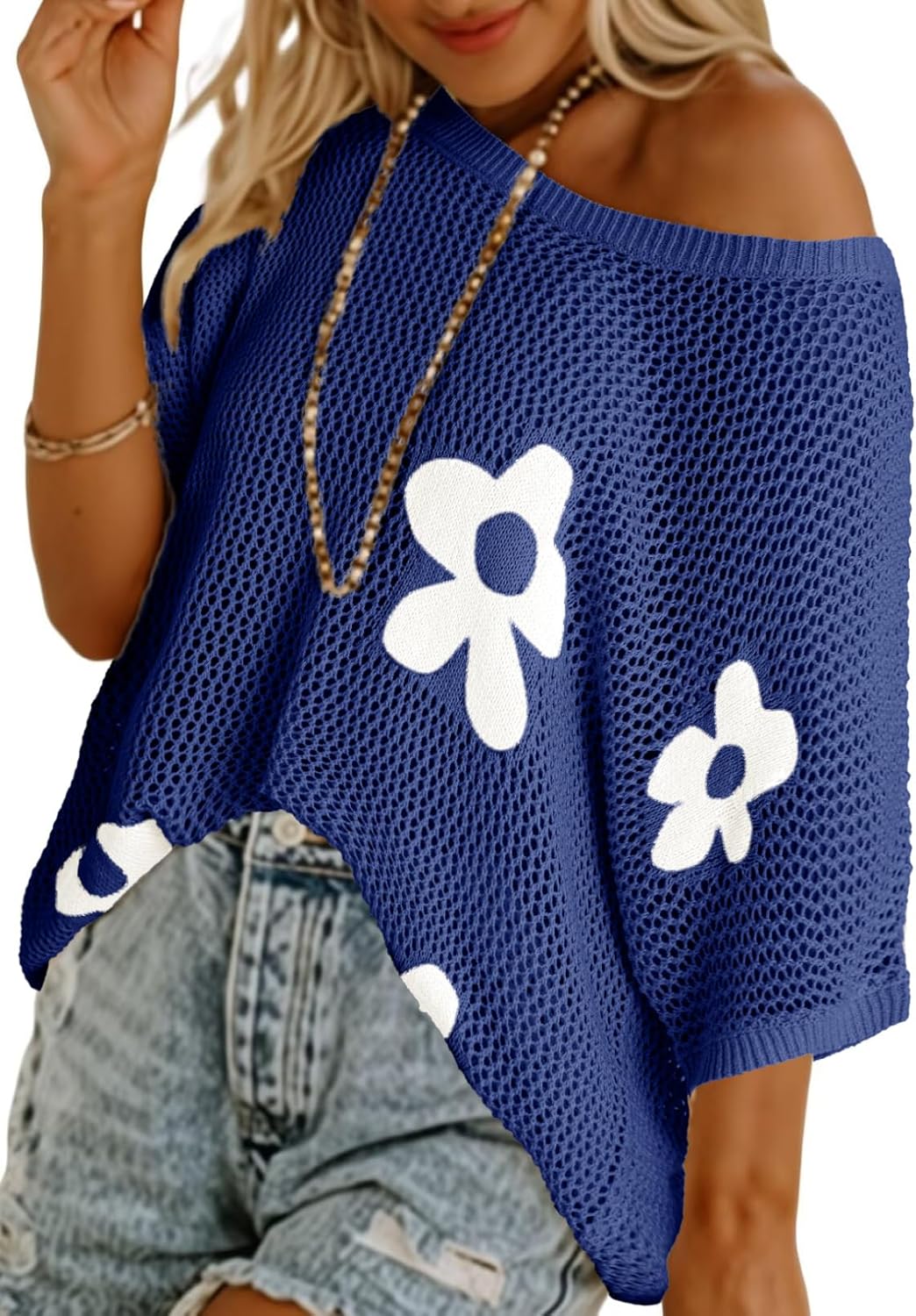✨Womens Floral Cute Tops Short Sleeve Crochet Cover Ups Lightweight Pullover(BUY 2 FREE SHIPPING)