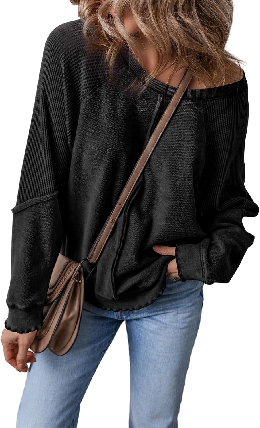 ✨Womens Crewneck Long Sleeve Waffle Knit Sweatshirt(BUY TWO FREE SHIPPING!!!)