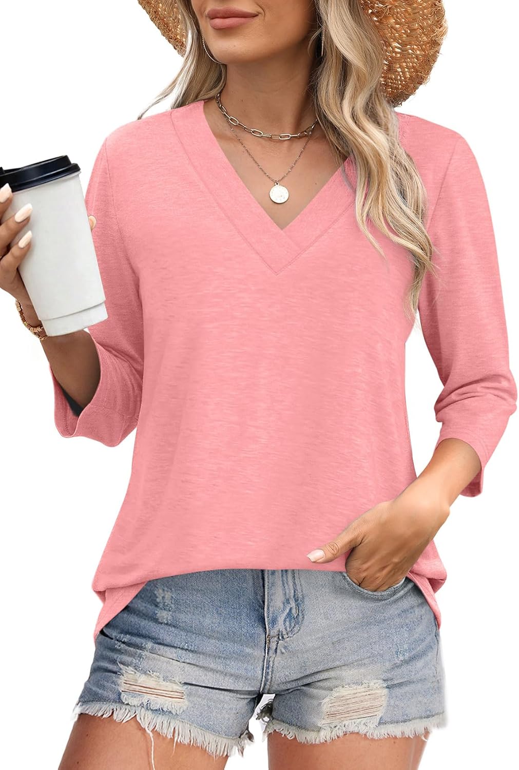 ✨Women's Trendy V Neck 3/4 Long Sleeve Tops Loose Fit Blouse (Buy 3 Free Shipping)