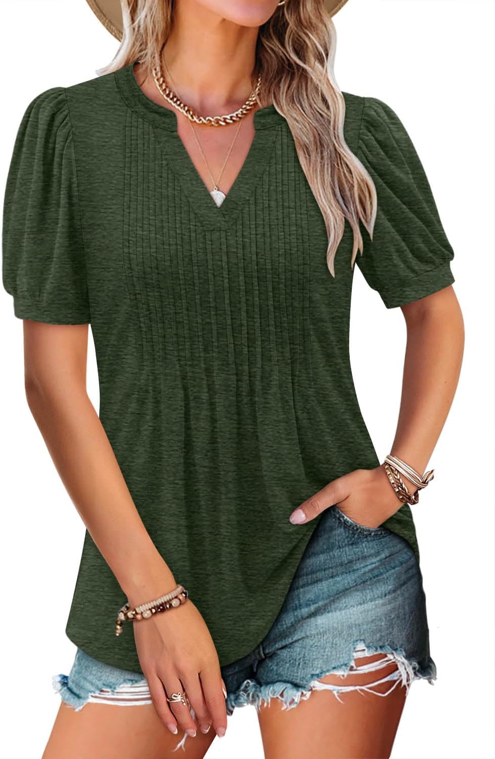 ✨Women's V-neck Loose Pleated Short-sleeved Waist Top(Buy 3 Free Shipping)