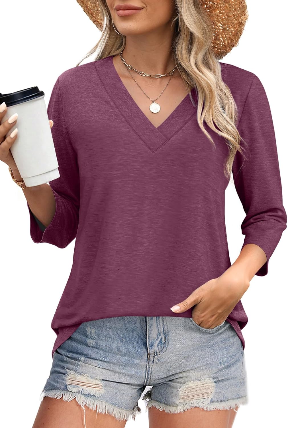 ✨Women's Trendy V Neck 3/4 Long Sleeve Tops Loose Fit Blouse (Buy 3 Free Shipping)