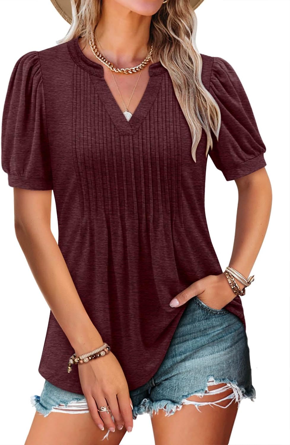 ✨Women's V-neck Loose Pleated Short-sleeved Waist Top(Buy 3 Free Shipping)