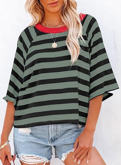 ✨Women's Cute Round Neck Striped Short Sleeve Casual Topb(BUY 3 FREE SHIPPING)