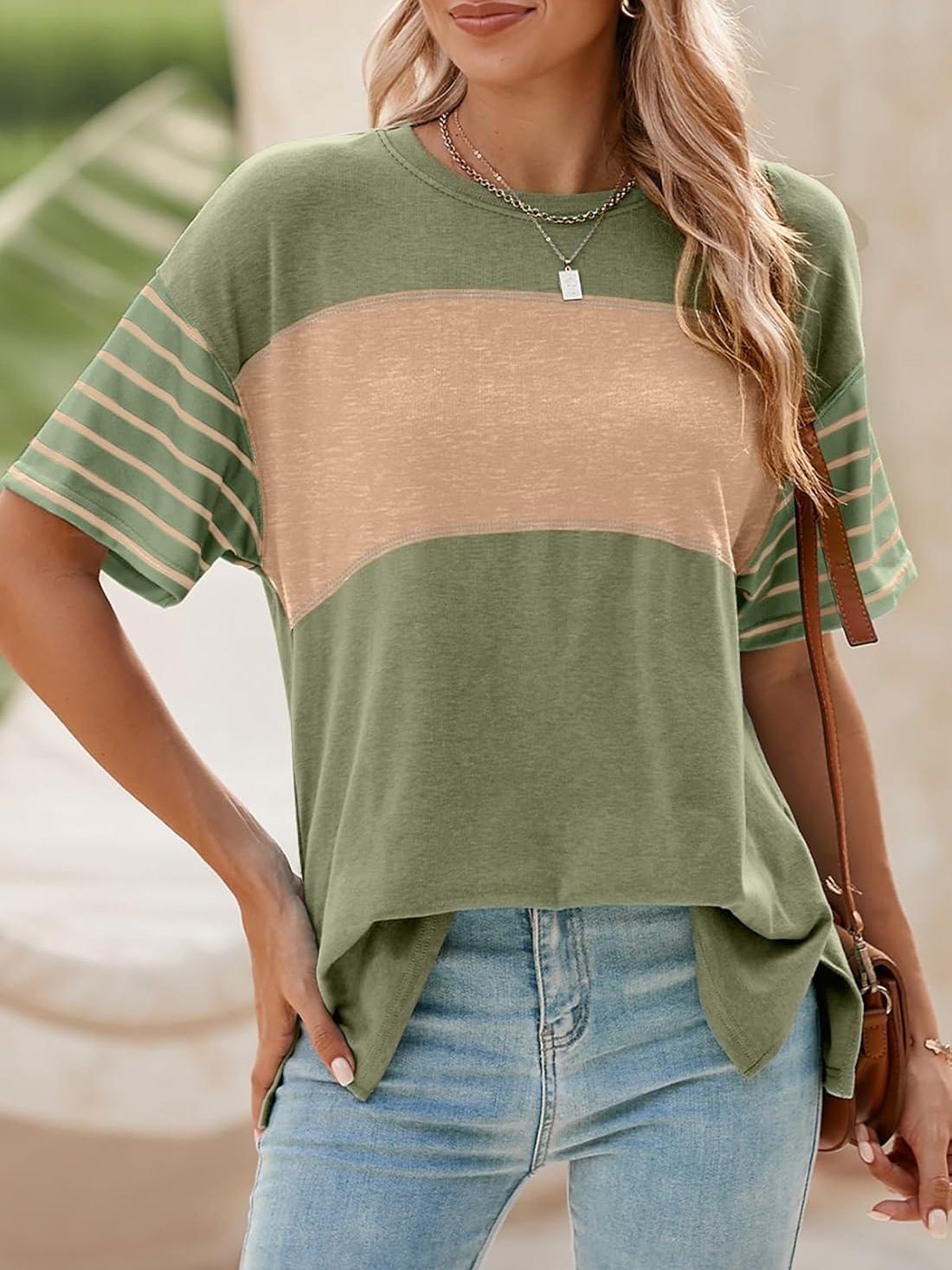✨Womens Oversized Crewneck Casual Color Block Striped Shirts Blouses(Buy 3 Free Shipping)