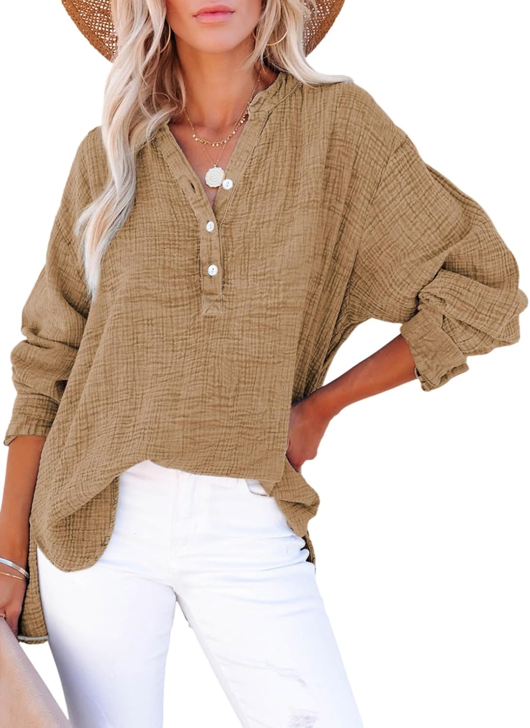 ✨Womens Casual Gauze Button Neck Long Sleeve Oversized BlousesTops(BUY 2 FREE SHIPPING)