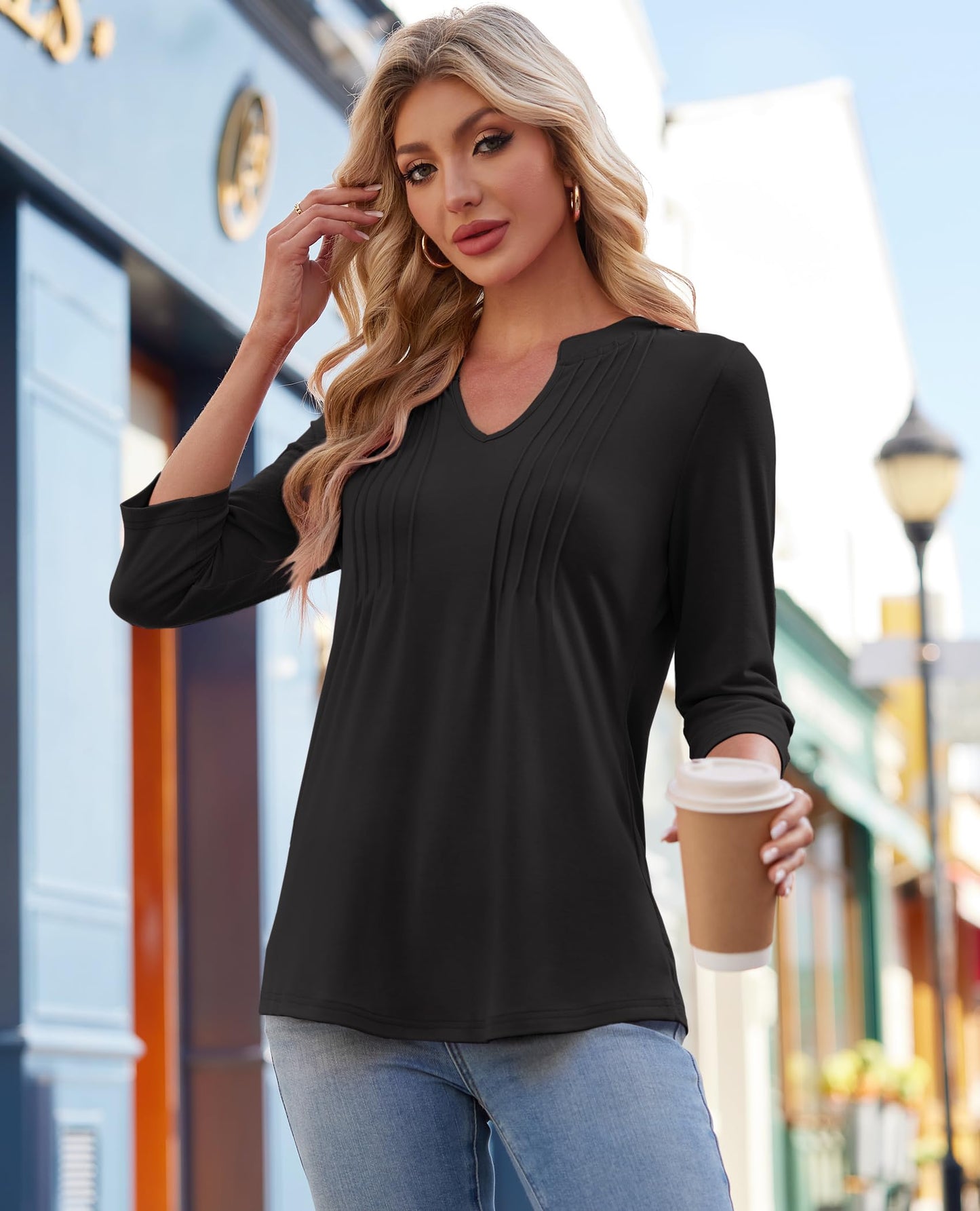 ✨Womens Casual 3/4 Sleeve Pleated Tunic Blouse (BUY 3 FREE SHIPPING)