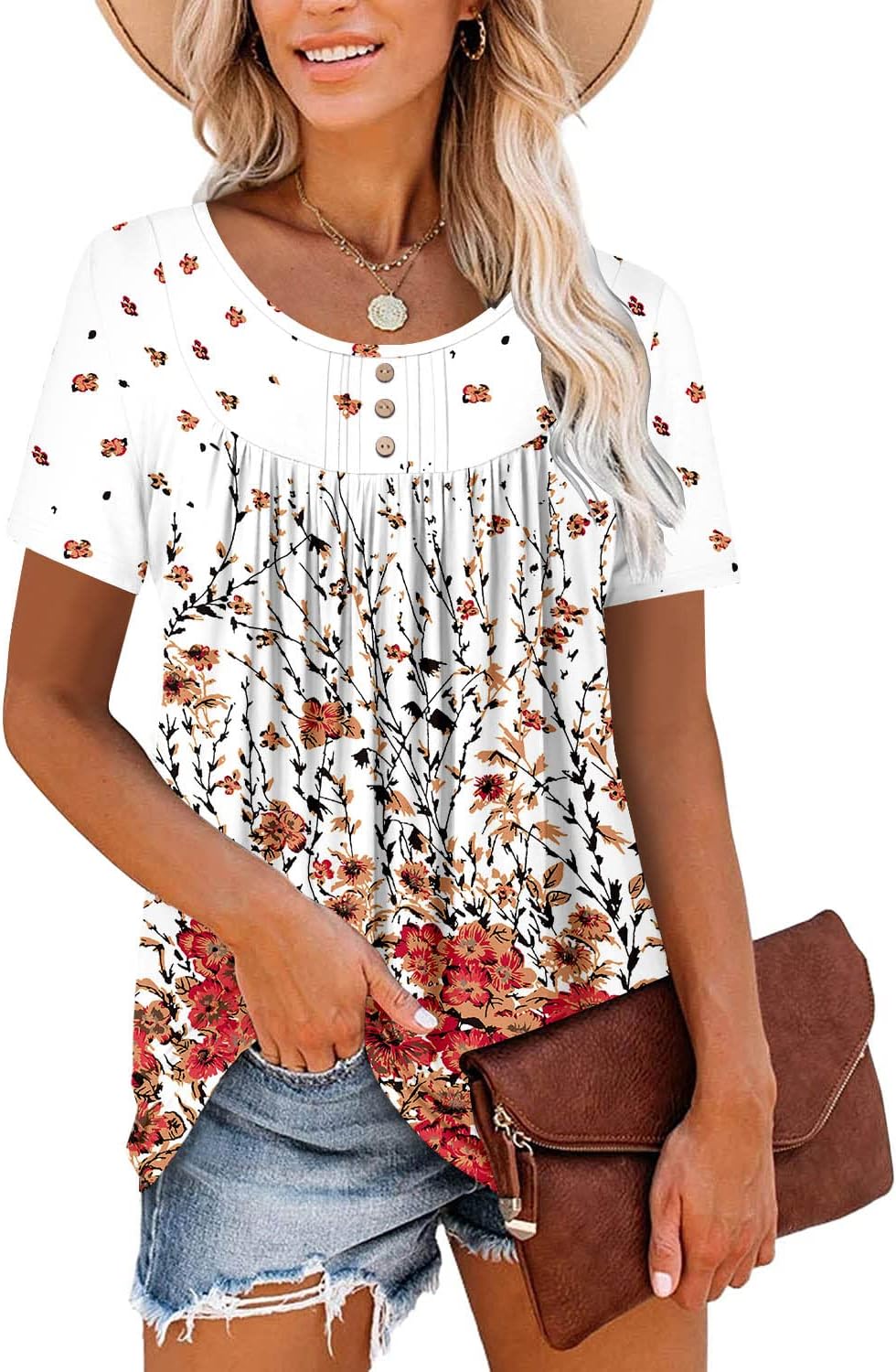 ✨Women's Summer Printed Pleated Crew Neck Tee (Buy 3 Free Shipping)