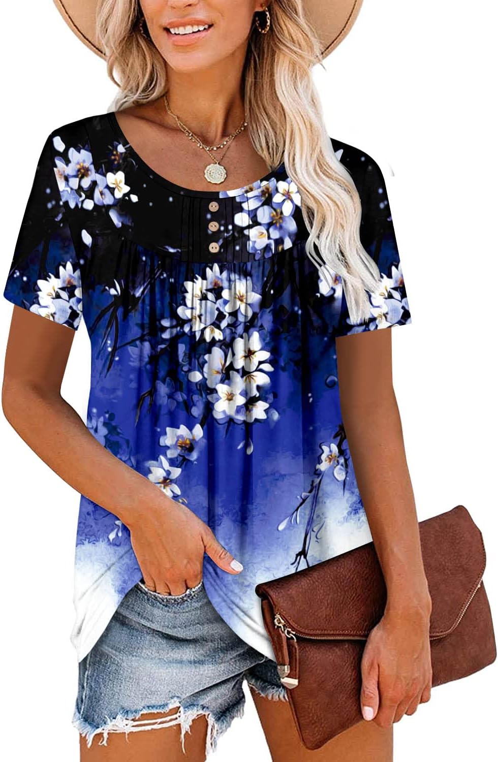 ✨Women's Summer Printed Pleated Crew Neck Tee (Buy 3 Free Shipping)