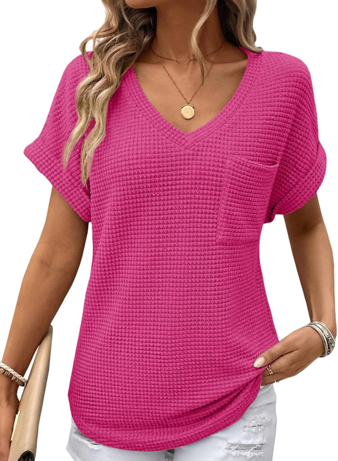 ✨Women's Oversized Waffle V Neck Short Sleeve Casual Top(BUY 2 FREE SHIPPING)