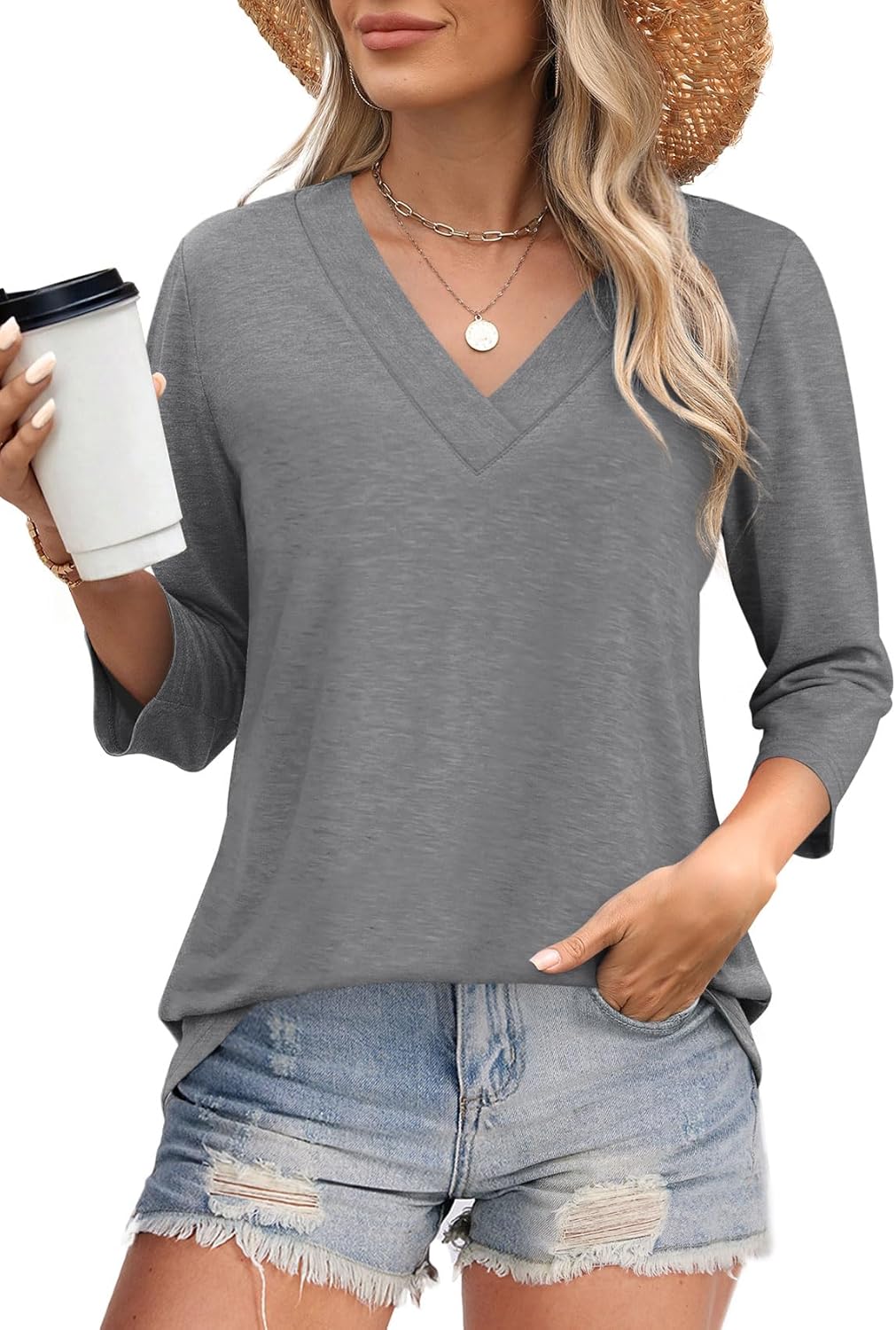 ✨Flash Sale Women's Trendy V Neck 3/4 Long Sleeve Tops Loose Fit Blouse (Buy 3 Free Shipping)