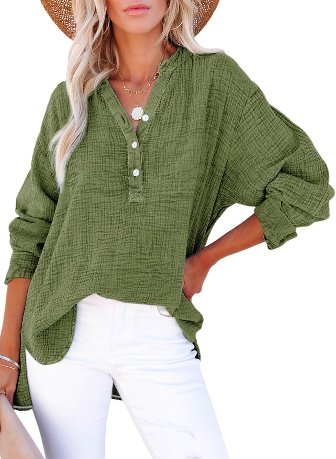 ✨Womens Casual Gauze Button Neck Long Sleeve Oversized BlousesTops(BUY 2 FREE SHIPPING)
