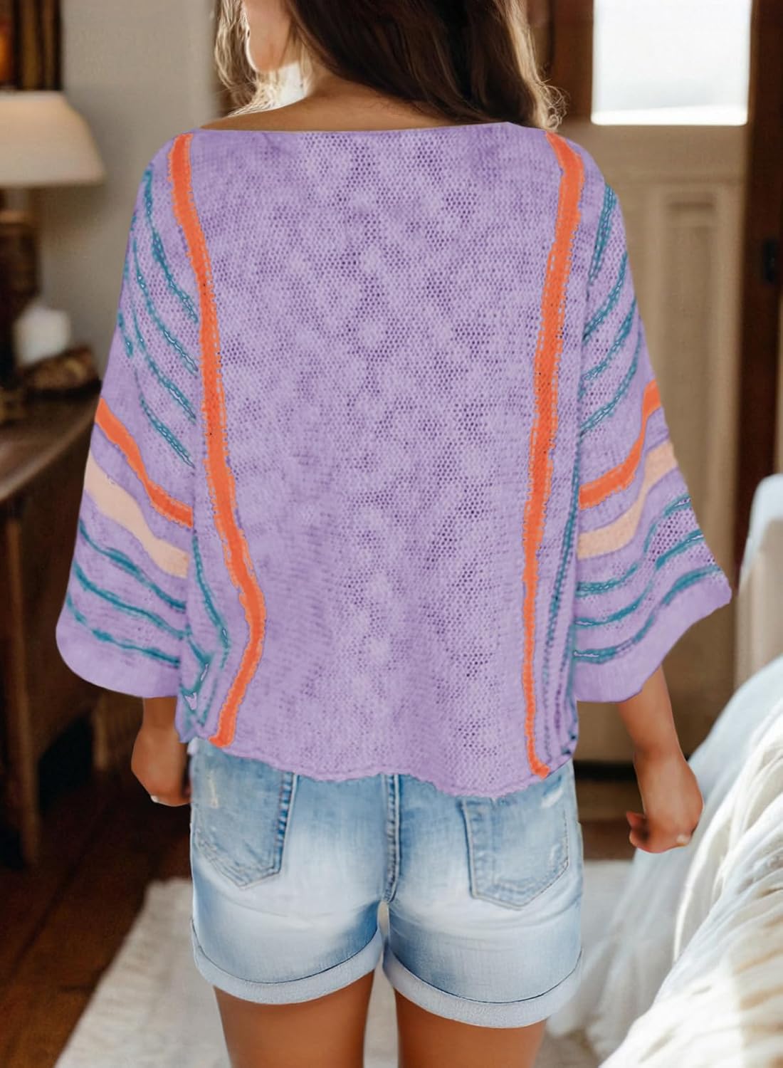 ✨Hot Sale-Women's Casual Color Block Striped Cable Knit Boho Sweater(Buy 2 Free Shipping)