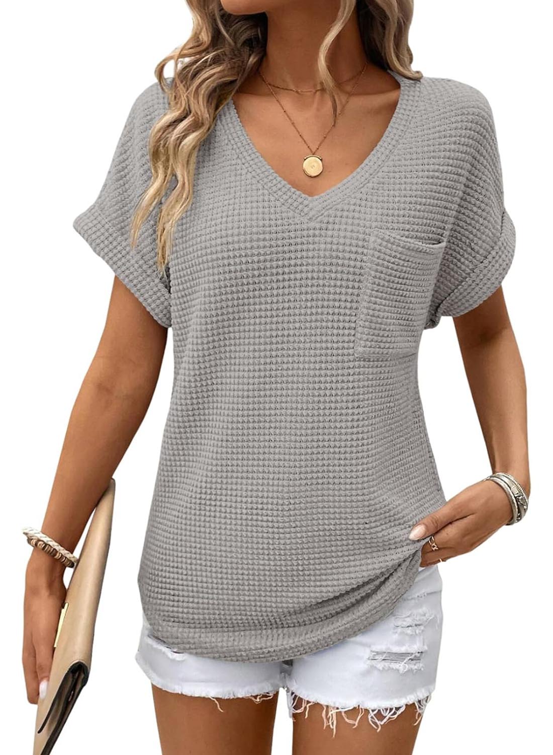 ✨Women's Oversized Waffle V Neck Short Sleeve Casual Top(BUY 2 FREE SHIPPING)