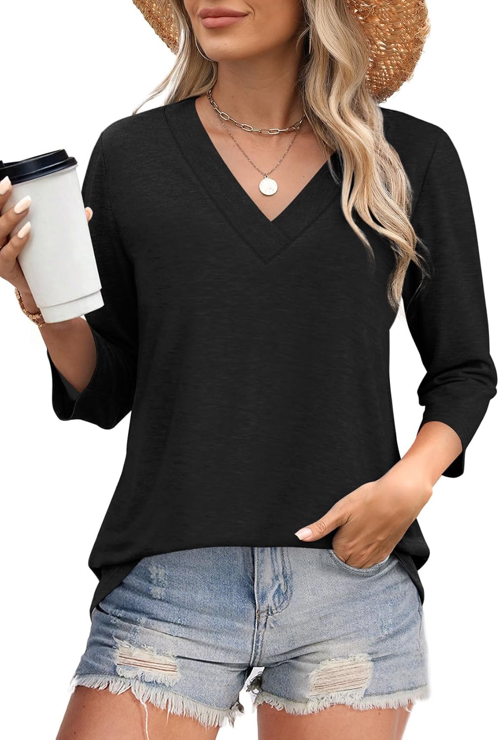 ✨Women's Trendy V Neck 3/4 Long Sleeve Tops Loose Fit Blouse (Buy 3 Free Shipping)