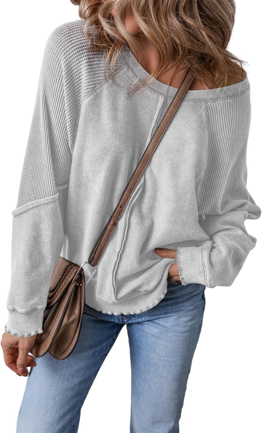 ✨Womens Crewneck Long Sleeve Waffle Knit Sweatshirt(BUY TWO FREE SHIPPING!!!)