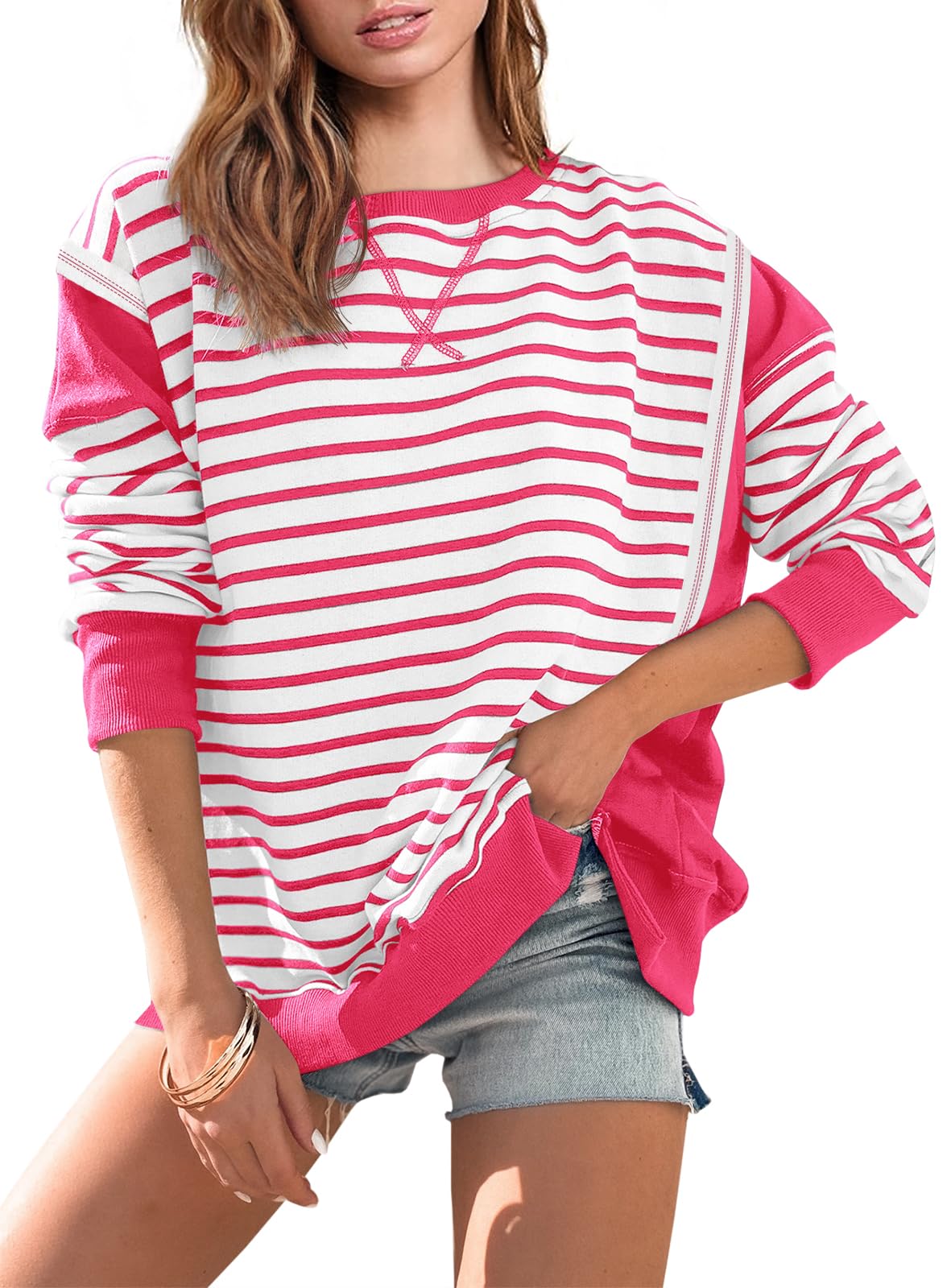Striped Color Block Oversized Sweatshirt(Buy 2 Free Shipping)
