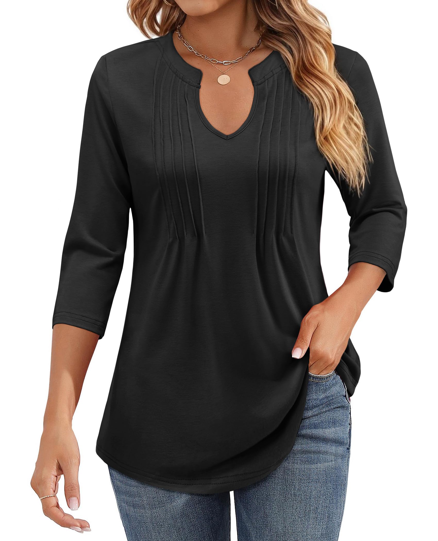 ✨Womens Casual 3/4 Sleeve Pleated Tunic Blouse (BUY 3 FREE SHIPPING)