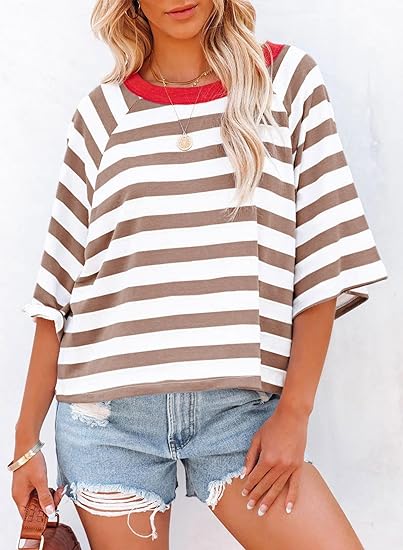 ✨Women's Cute Round Neck Striped Short Sleeve Casual Topb(BUY 3 FREE SHIPPING)