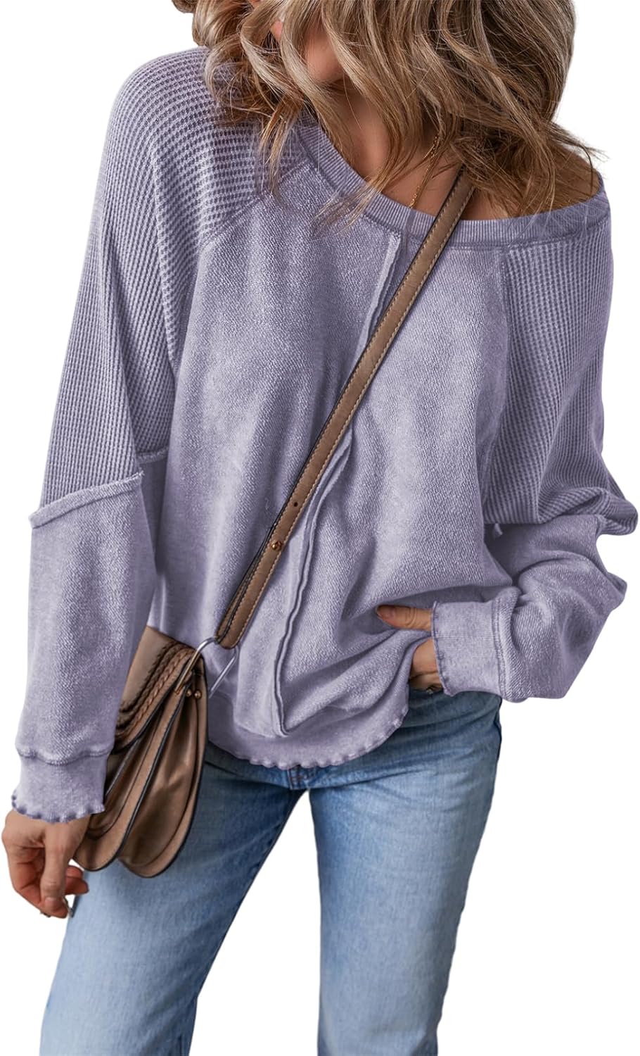 ✨Womens Crewneck Long Sleeve Waffle Knit Sweatshirt(BUY TWO FREE SHIPPING!!!)