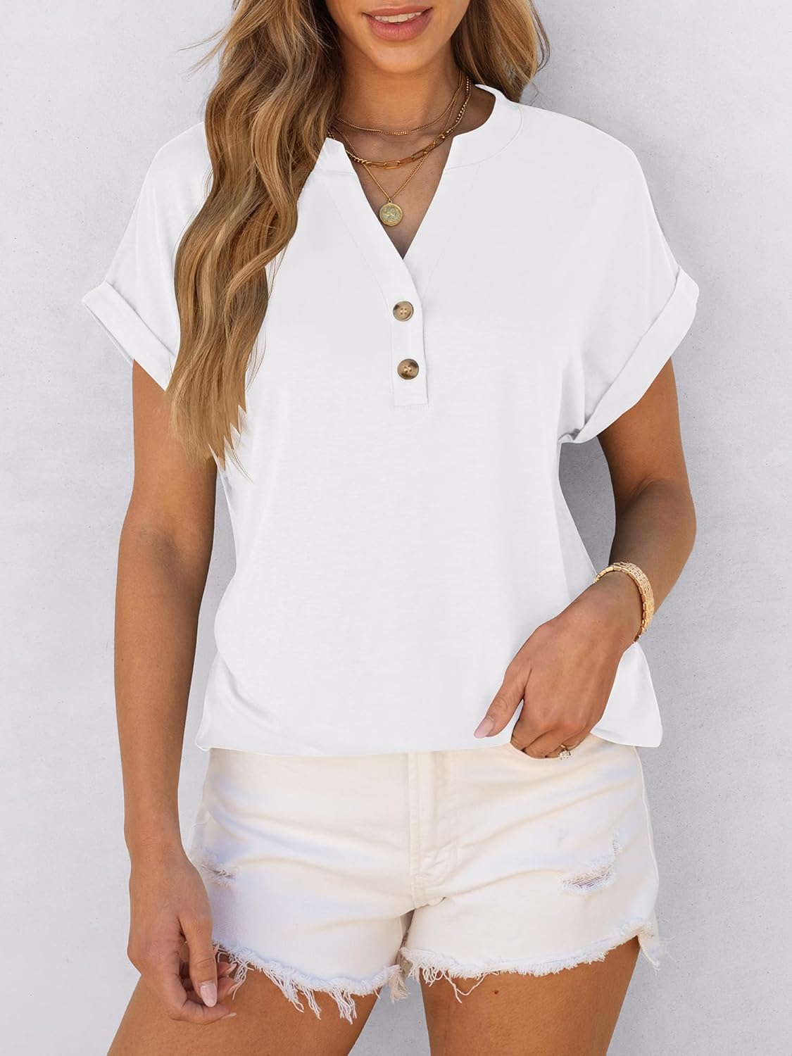 ✨Women's V Neck Button Casual Loose Fit Short Sleeve Henley Tops(buy 3 free shipping)