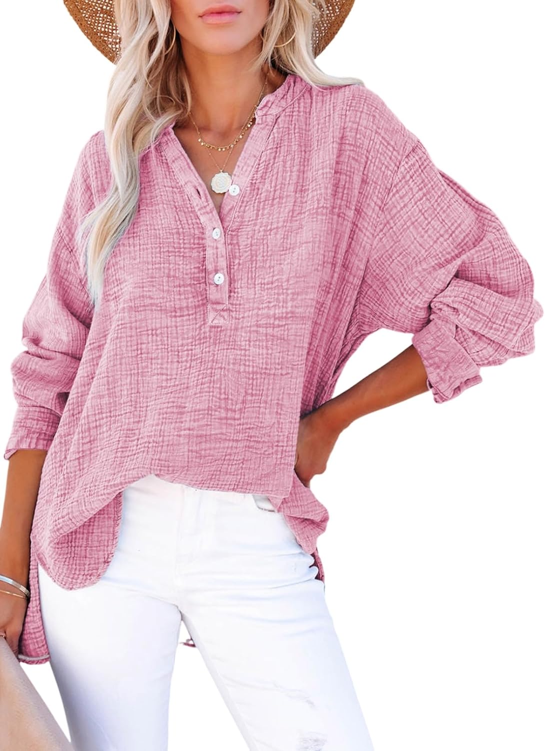 ✨Womens Casual Gauze Button Neck Long Sleeve Oversized BlousesTops(BUY 2 FREE SHIPPING)