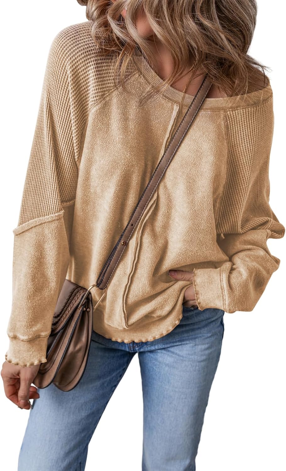 ✨Womens Crewneck Long Sleeve Waffle Knit Sweatshirt(BUY TWO FREE SHIPPING!!!)