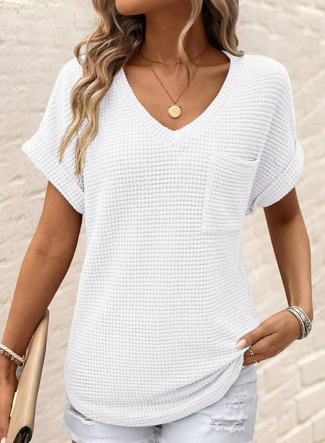 ✨Women's Oversized Waffle V Neck Short Sleeve Casual Top(BUY 2 FREE SHIPPING)