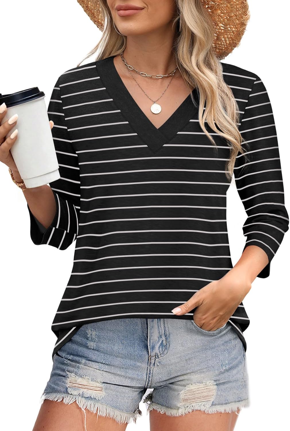 ✨Women's Trendy V Neck 3/4 Long Sleeve Tops Loose Fit Blouse (Buy 3 Free Shipping)