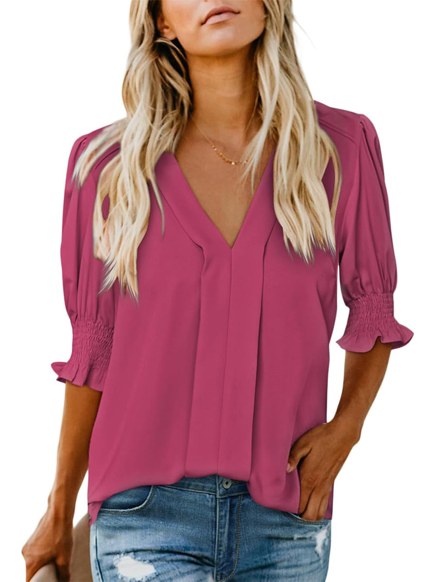✨Women's V Neck Dressy Puff Ruffle Blouse Casua Short Sleeve Tops(BUY 2 FREE SHIPPING)