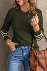 HOT SALE Women's Casual Crew Neck Striped Sleeve Knit Sweaters