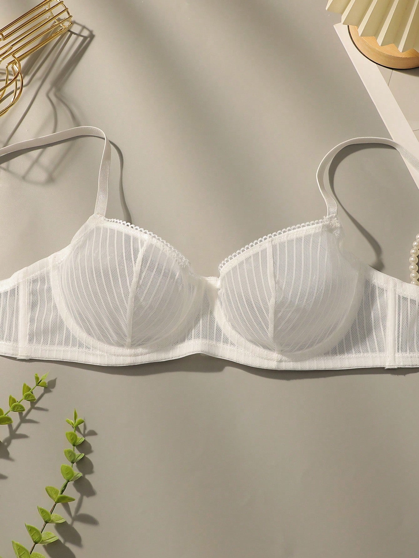 Mesh Stripe Double Layer Sexy Bra Set with Steel Ring White