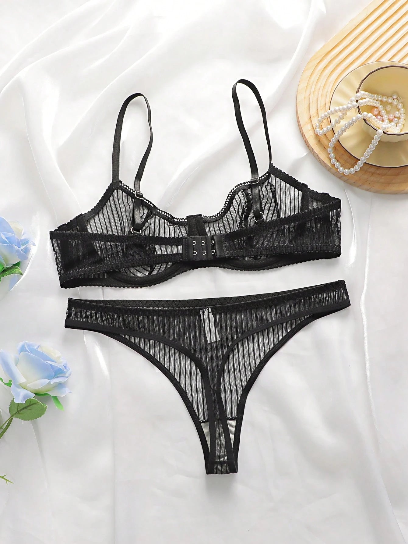 Mesh Stripe Double Layer Sexy Bra Set with Steel Ring Black