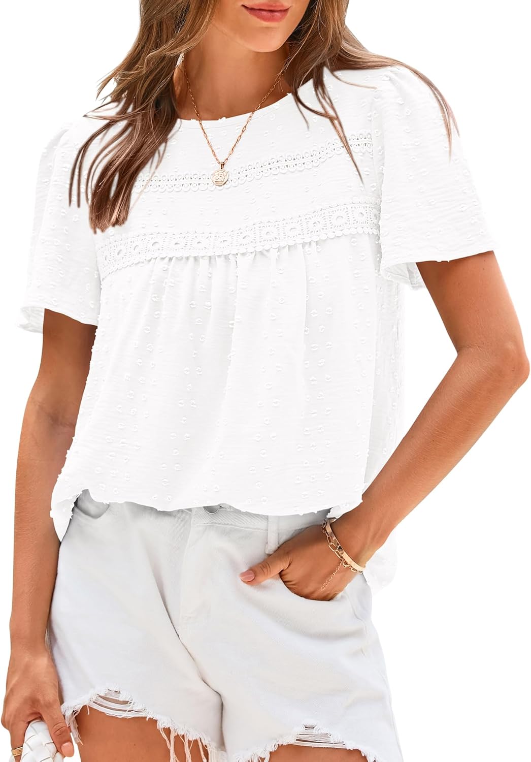 ✨Women's Swiss Dot Lace Crochet Crewneck Boho Short Sleeves(Buy 2 Free Shipping)