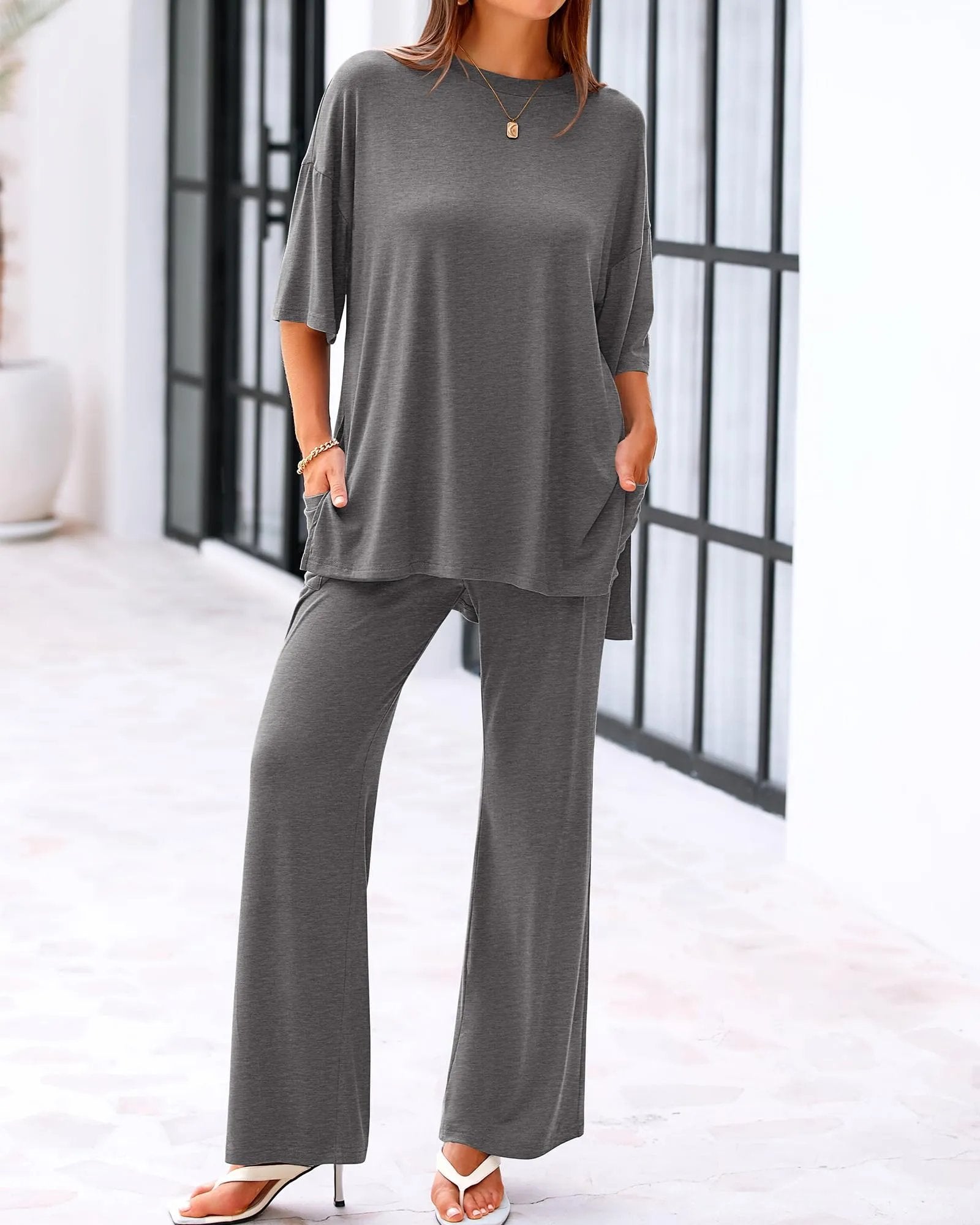 CLEARANCE SALE🔥Casual 2-Piece Loose-Fit Short Sleeve Top & Wide-Leg Pants Set with Pockets