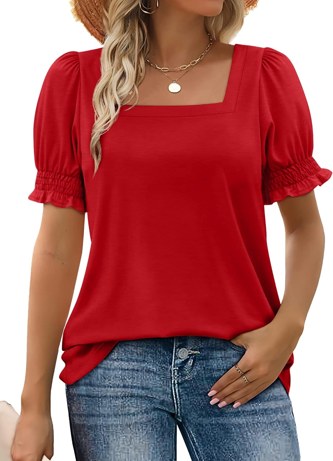 ✨Women's Square Neck  Smocked Sleeve T-Shirt Casual Top(BUY 3 FREE SHIPPING)