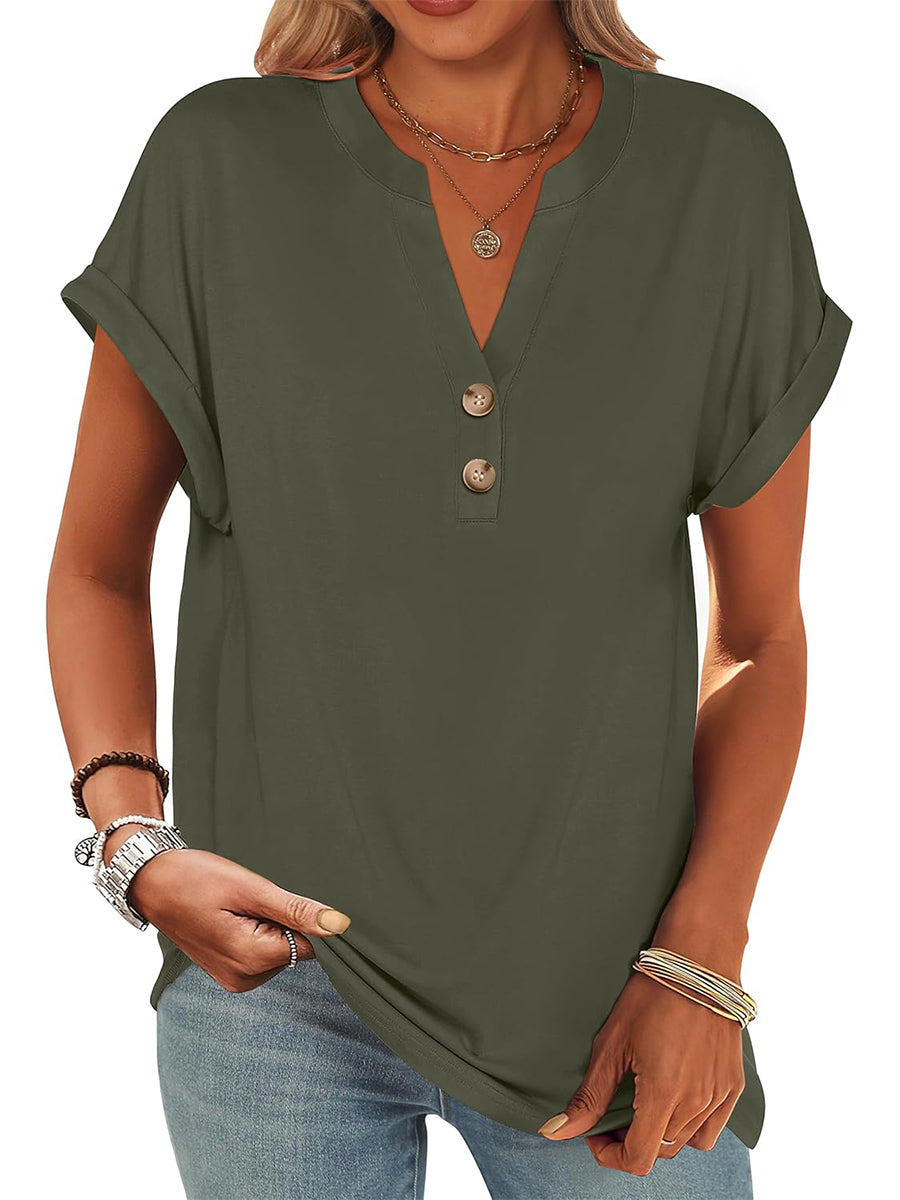 ✨Women's V Neck Button Casual Loose Fit Short Sleeve Henley Tops(buy 3 free shipping)