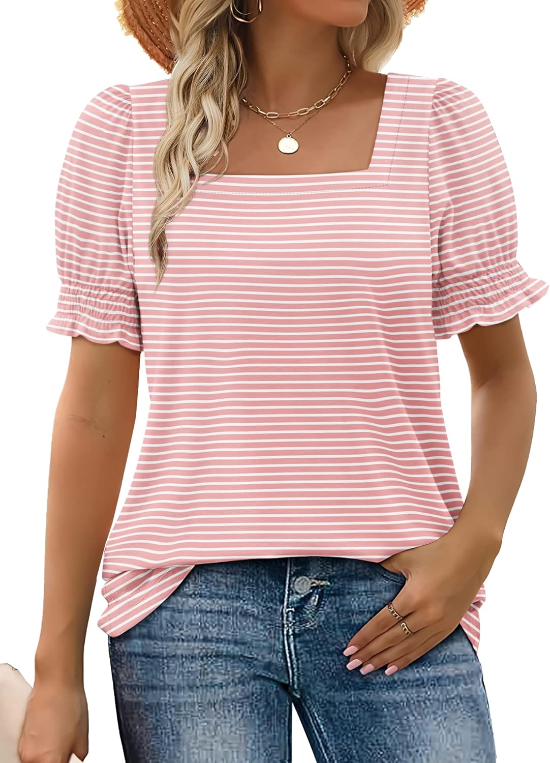 ✨Women's Square Neck  Smocked Sleeve T-Shirt Casual Top(BUY 3 FREE SHIPPING)