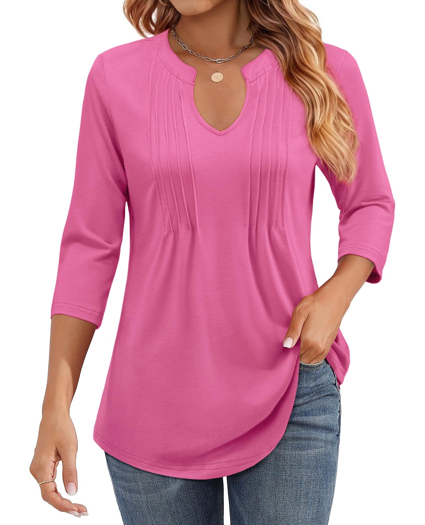✨Womens Casual 3/4 Sleeve Pleated Tunic Blouse (BUY 3 FREE SHIPPING)