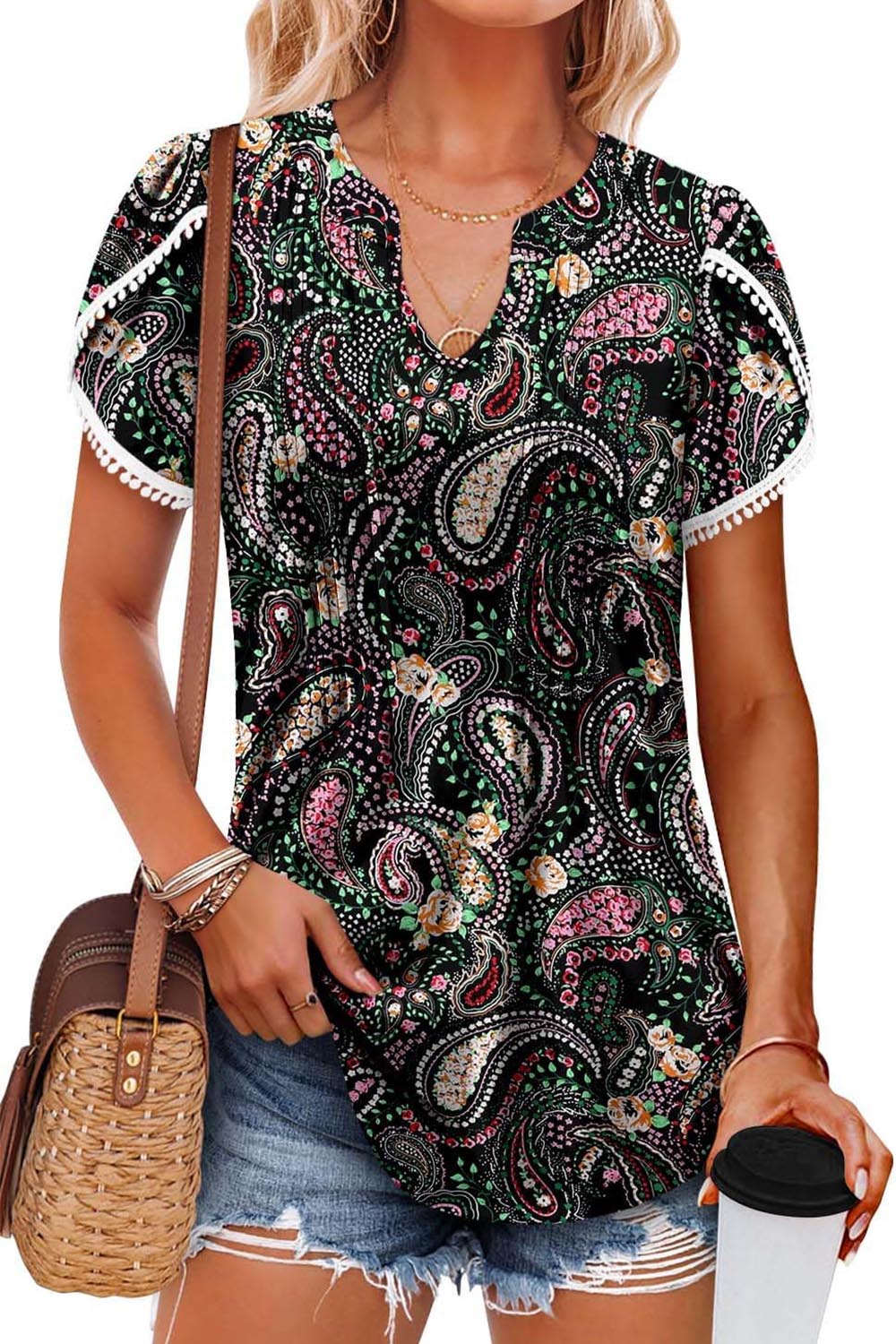 ✨Women's Cute Fringe Cuff Casual Short Sleeve Printed & Solid Tops(BUY 2 FREE SHIPPING)