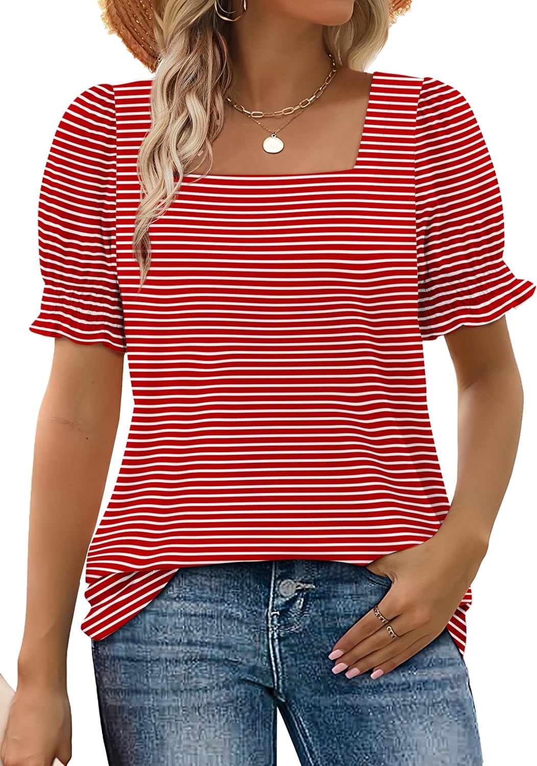 ✨Women's Square Neck  Smocked Sleeve T-Shirt Casual Top(BUY 3 FREE SHIPPING)