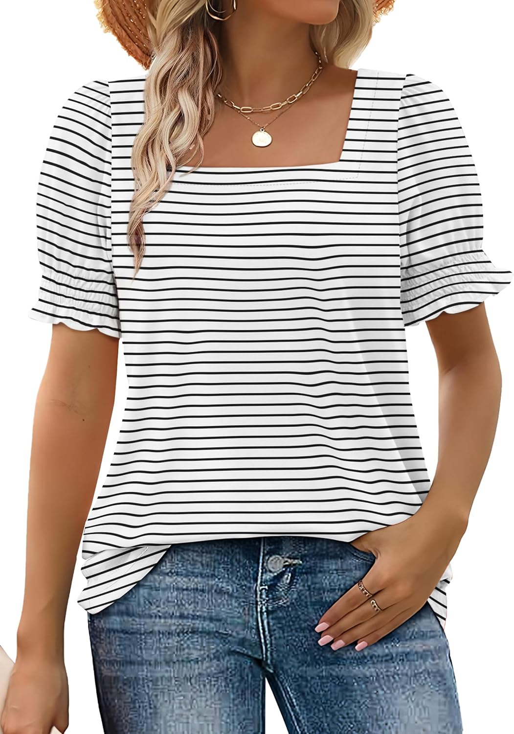 ✨Women's Square Neck  Smocked Sleeve T-Shirt Casual Top(BUY 3 FREE SHIPPING)